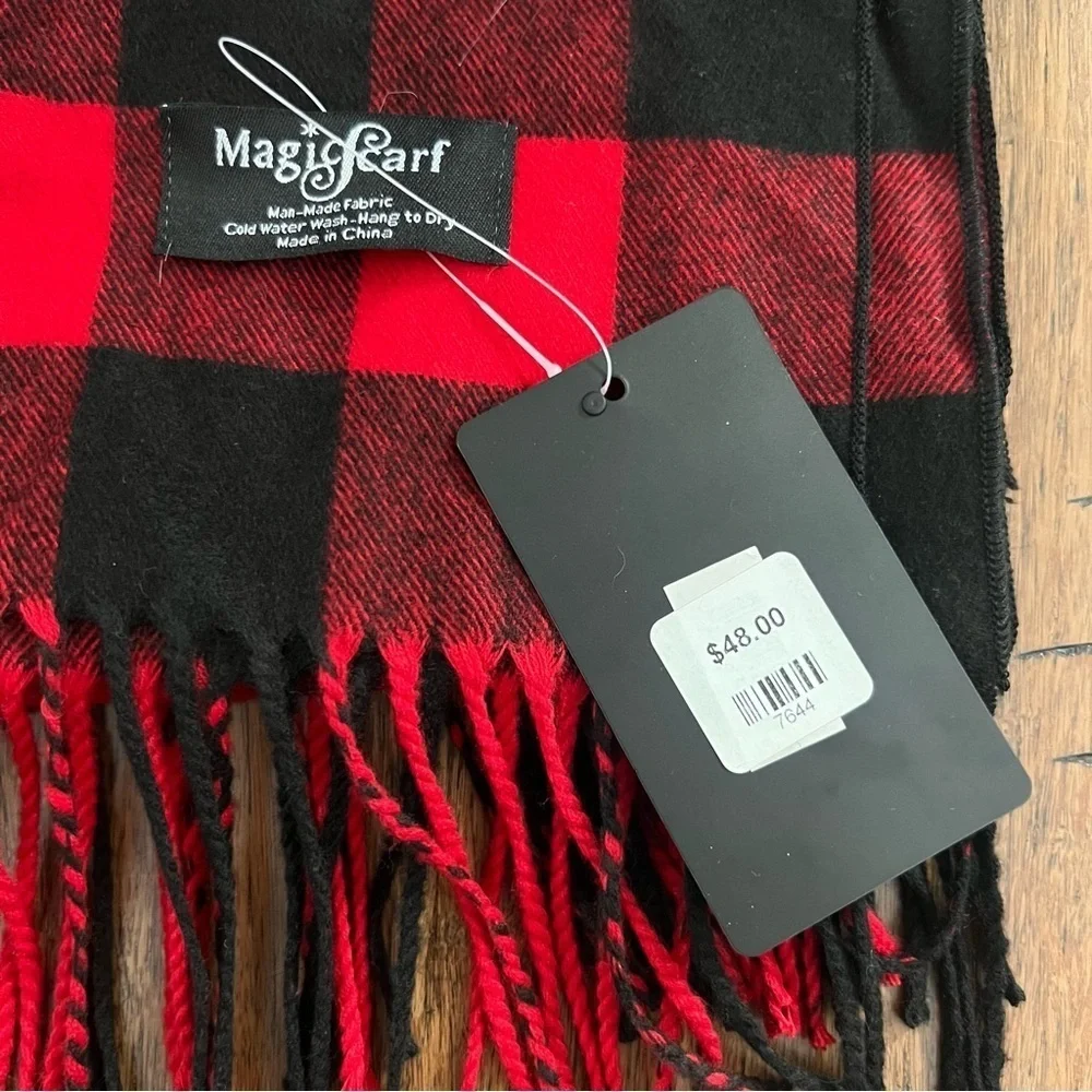 NWT Magic Scarf Buffalo Plaid Red Black Check Infinity Wrap Shawl Fringe Classic